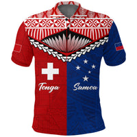 Red/blue patterned Tonga Samoa polo, collared with button placket