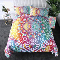 Colorful mandala bedding set with floral rosette medallions in teal, red, yellow, purple