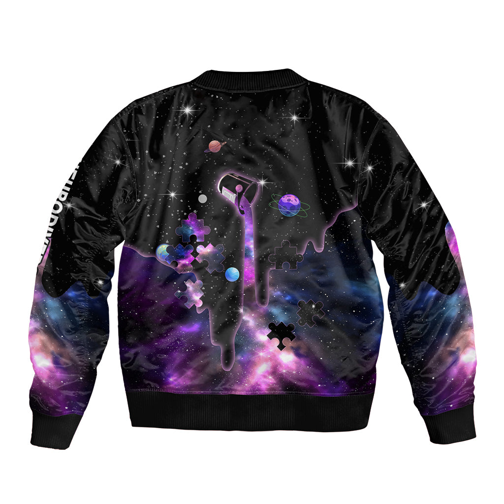 Black bomber jacket back with ribbed hem and purple galaxy abstract graphic across