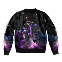 Black bomber jacket back with ribbed hem and purple galaxy abstract graphic across