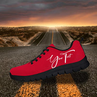 Haiti flag sneakers with "Your Text" script, red upper, black sole, lace-up