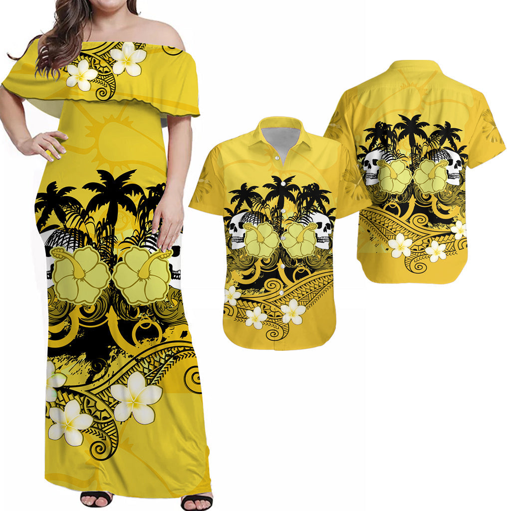 Yellow off-shoulder maxi dress with skull, palm and hibiscus floral print