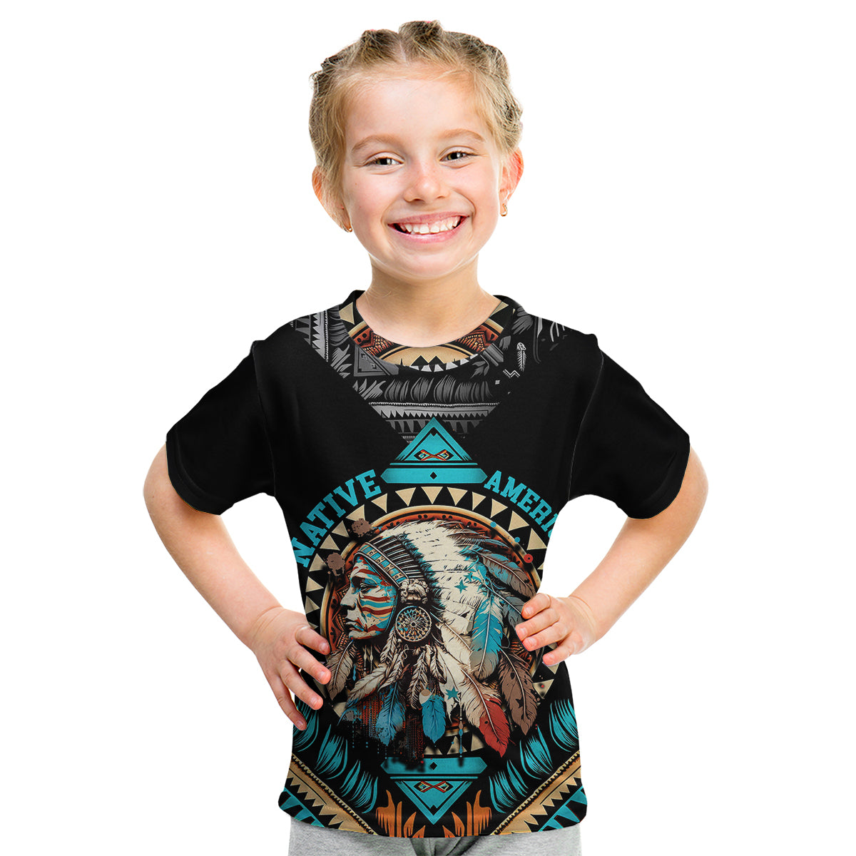 Native American Indian Girl Chief Colorful Feathered Painting Kid T Shirt - Wonder Print Shop