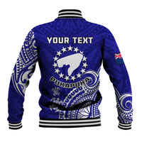 Blue baseball jacket back with “YOUR TEXT” print, turtle emblem, ribbed striped hem