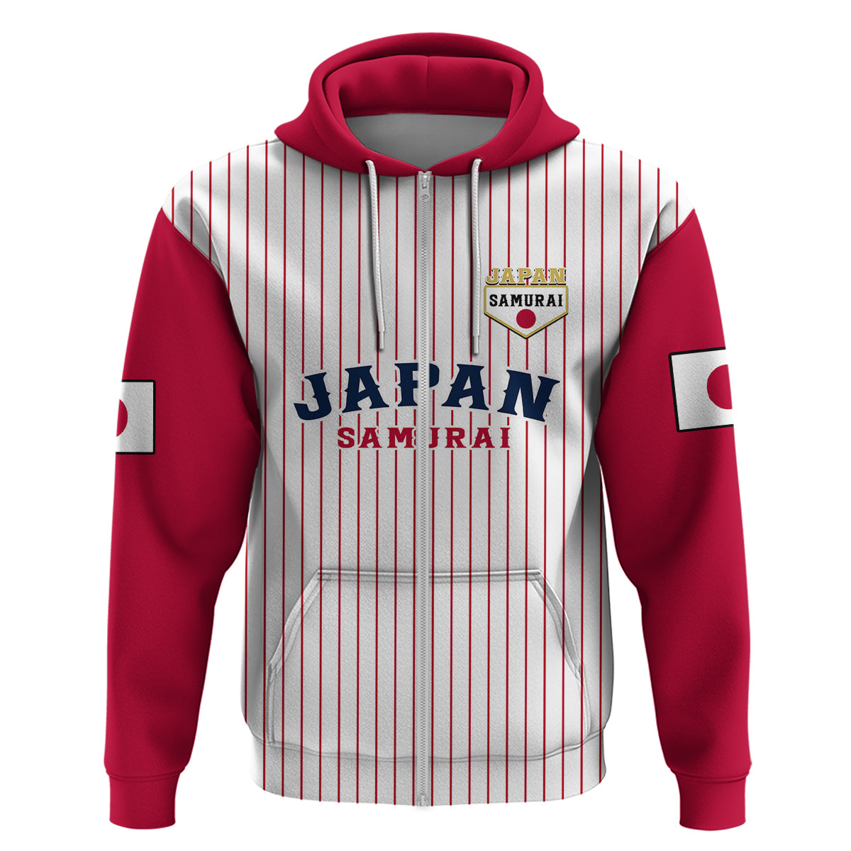 Red-and-white striped pullover hoodie with red hood and large Japan Samurai text at center
