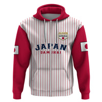 Red-and-white striped pullover hoodie with red hood and large Japan Samurai text at center