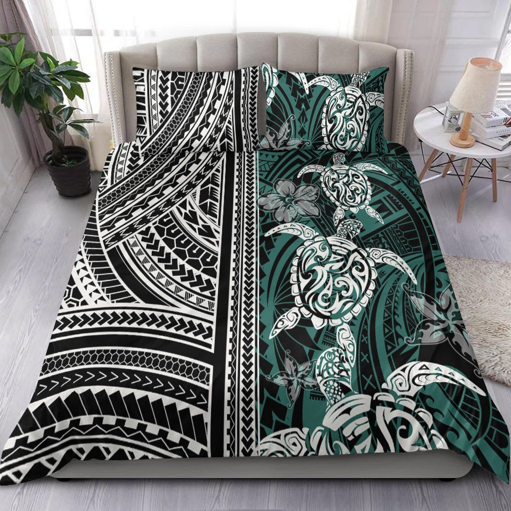 Teal turtle bedding set with black/white tribal patterns and floral accents