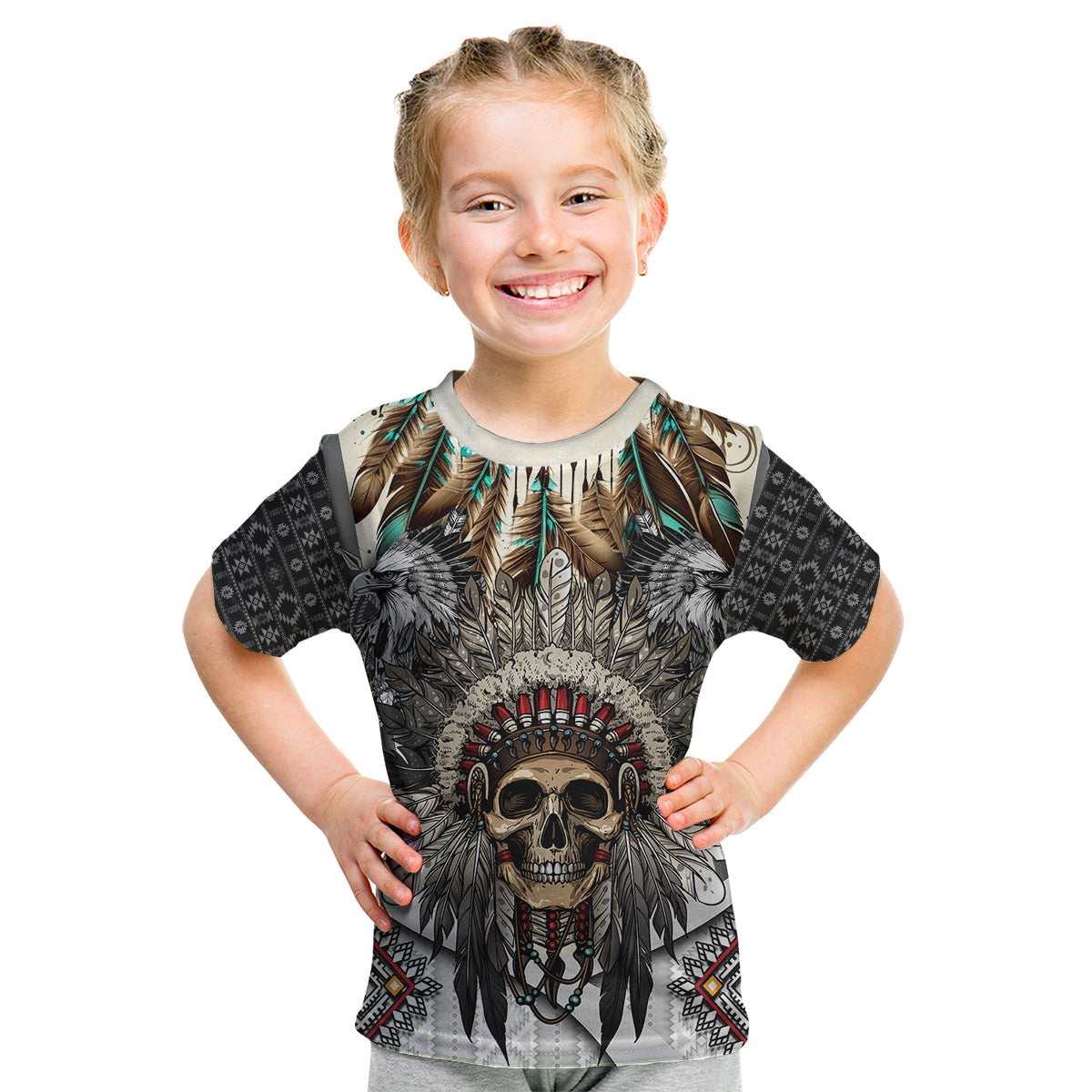 Native American Skull With Eagle Warriors Kid T Shirt - Wonder Print Shop