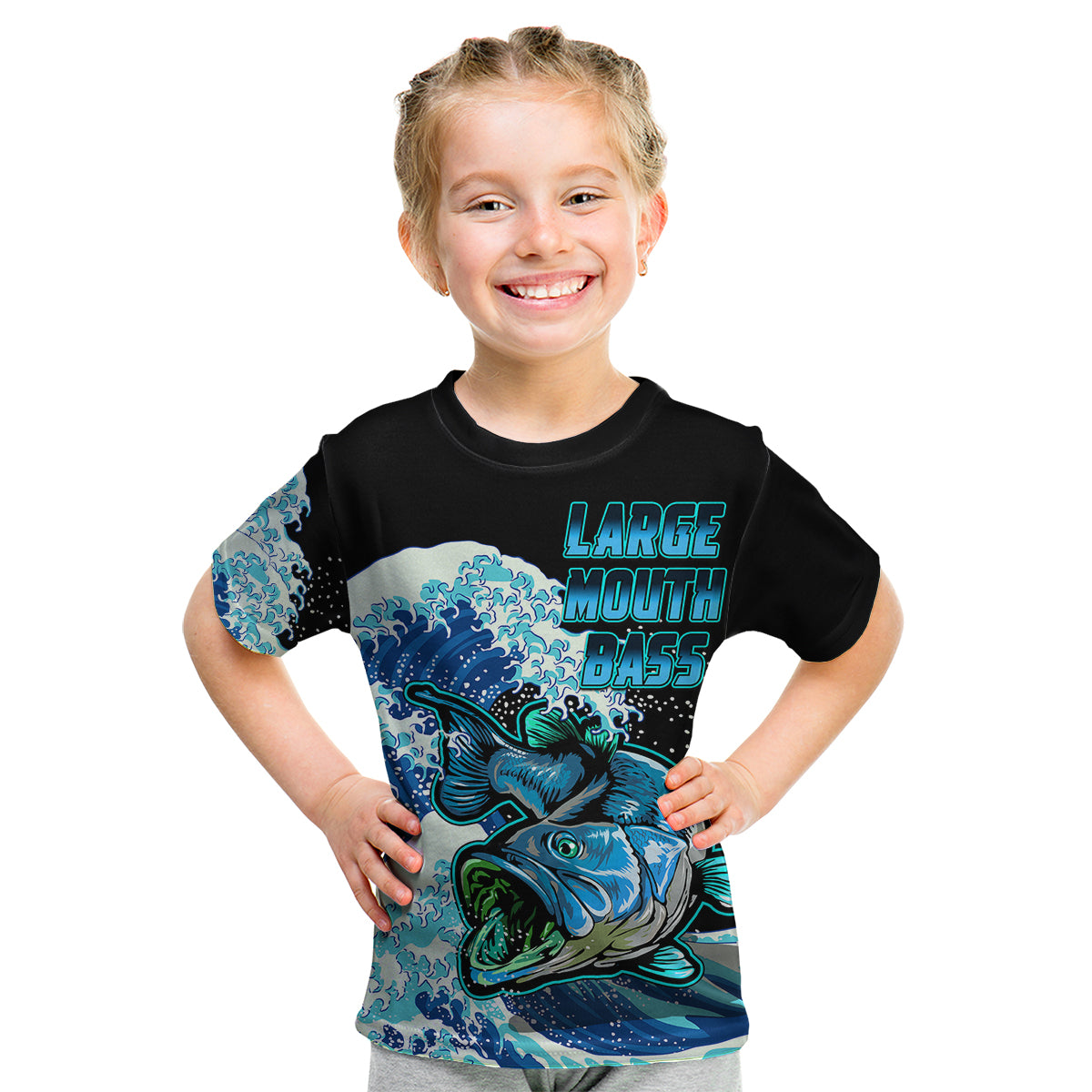 Kids black T-shirt with blue largemouth bass graphic and “Large Mouth Bass” text