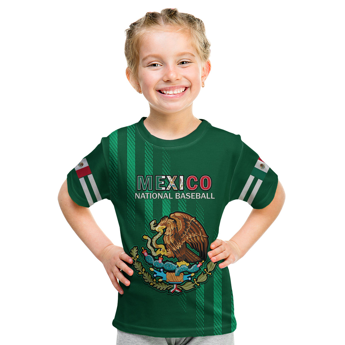 Kids green baseball T-shirt with Mexico graphic, striped sleeves, crest emblem