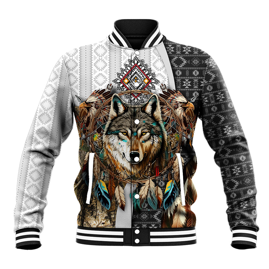 Native American Wolf Dreamcatcher with Eagles Feathers Baseball Jacket - Wonder Print Shop