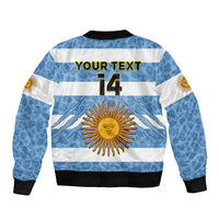 Light blue and white bomber jacket, full-zip, black rib trim, back sun emblem and '14'