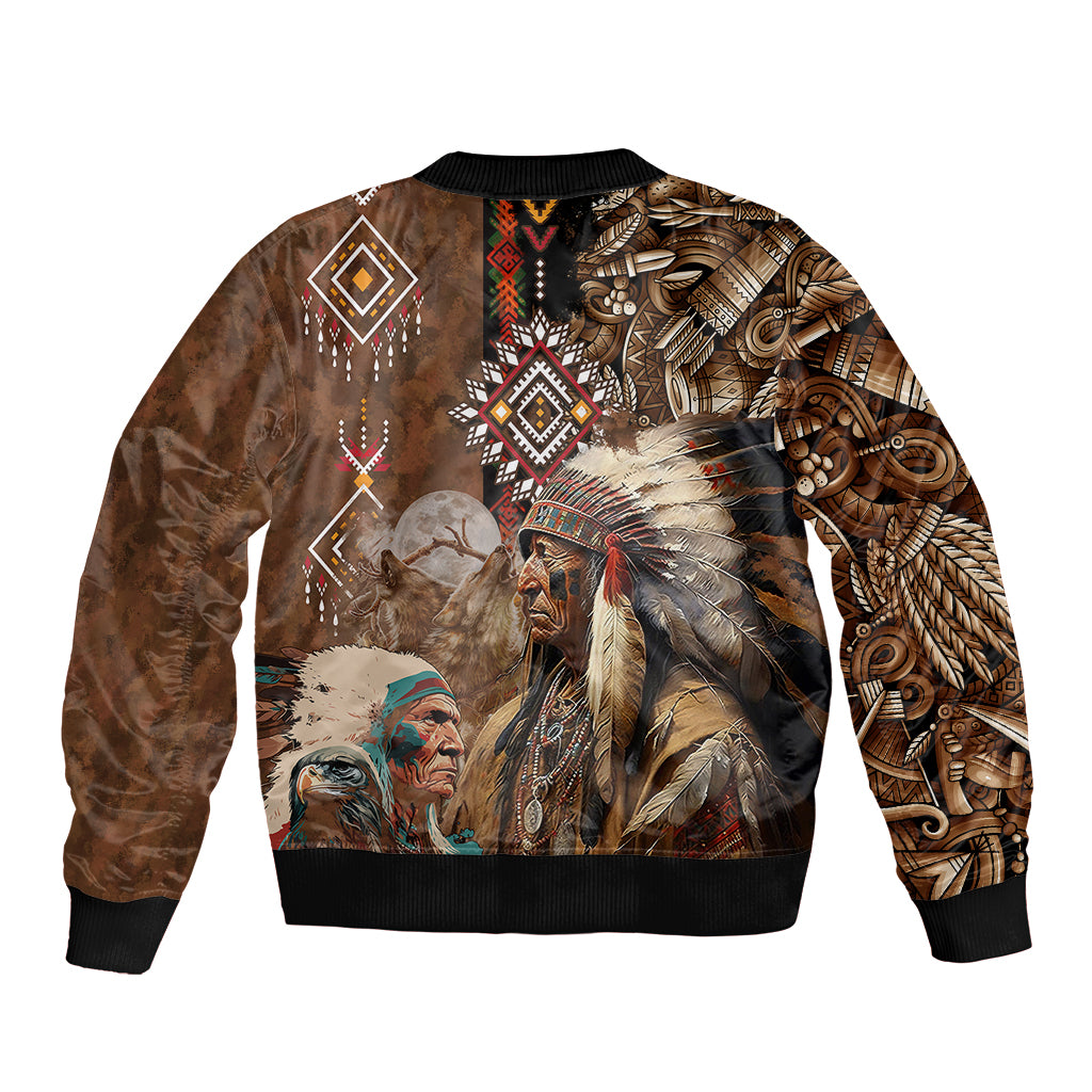 Bomber jacket back with tribal geometric pattern, feathered warrior portrait, ribbed hem and cuffs