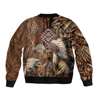Bomber jacket back with tribal geometric pattern, feathered warrior portrait, ribbed hem and cuffs
