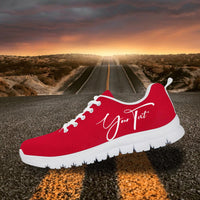 Haiti flag sneakers with "Your Text" script, red upper, white sole, lace-up