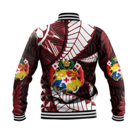 Black baseball jacket back view with colorful Kupesi-style crest graphic, rib knit hem