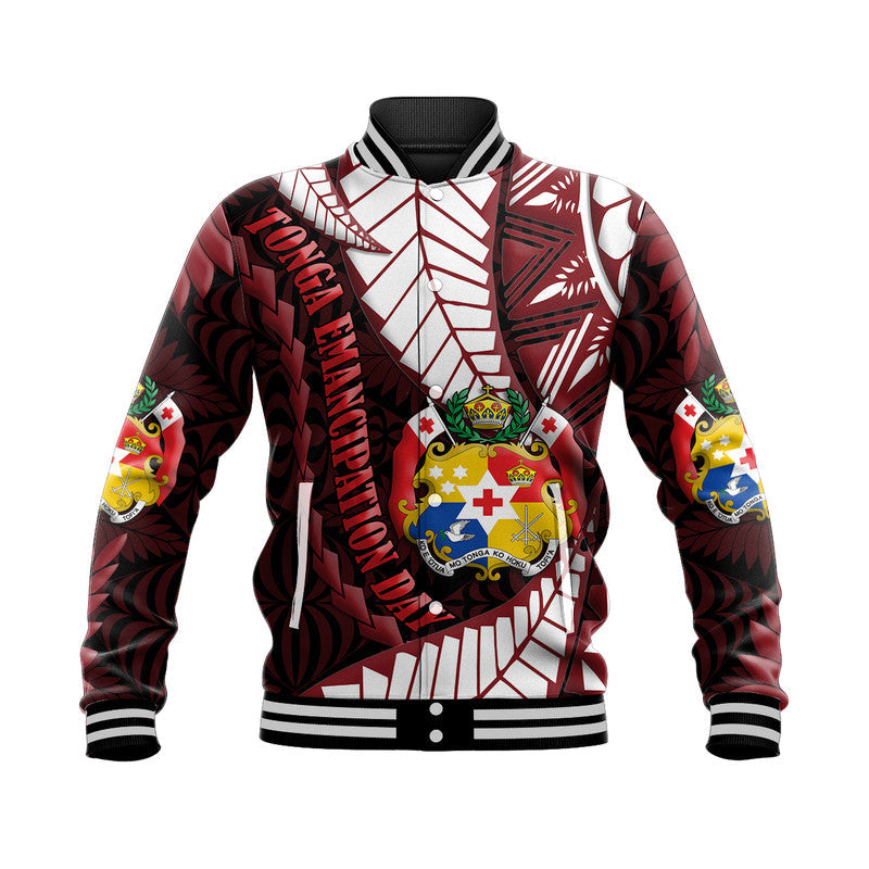 Black baseball jacket with colorful Kupesi-style graphic, striped rib knit cuffs
