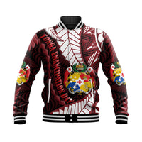 Black baseball jacket with colorful Kupesi-style graphic, striped rib knit cuffs