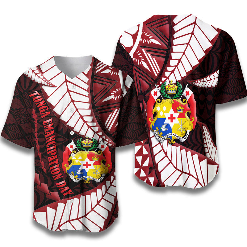 Black baseball jersey with red and white geometric pattern and Tonga crest front