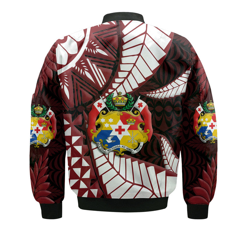 Black bomber jacket back with large central graphic and colorful sleeve emblems