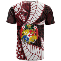 Black T-shirt with white geometric panels, red accents, and crest emblem centered