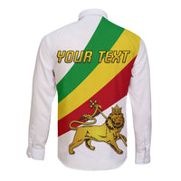 White unisex long-sleeve button shirt back graphic: 'YOUR TEXT' + Ethiopia crest