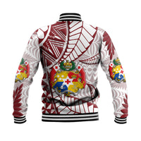 Back view unisex baseball jacket in maroon and white with large central crest print