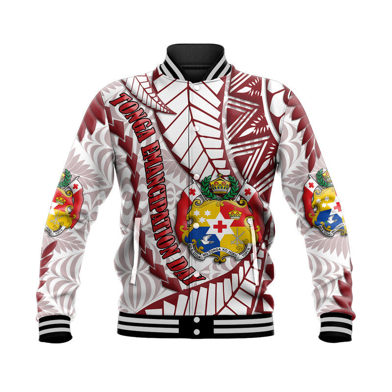 Unisex baseball jacket with maroon, white and multicolor emblem graphic, ribbed collar
