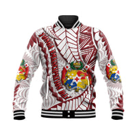 Unisex baseball jacket with maroon, white and multicolor emblem graphic, ribbed collar