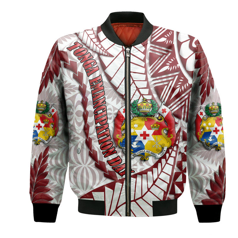 Unisex bomber jacket with white base and red tribal pattern, full-zip front