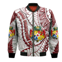Unisex bomber jacket with white base and red tribal pattern, full-zip front