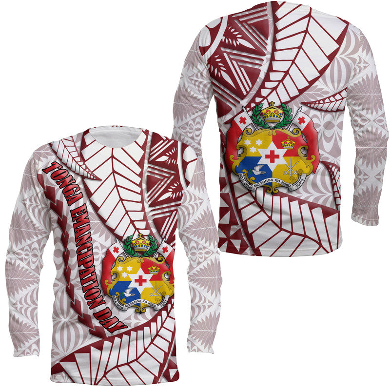 Unisex long-sleeve shirt in white with red kupesi crest print, front view