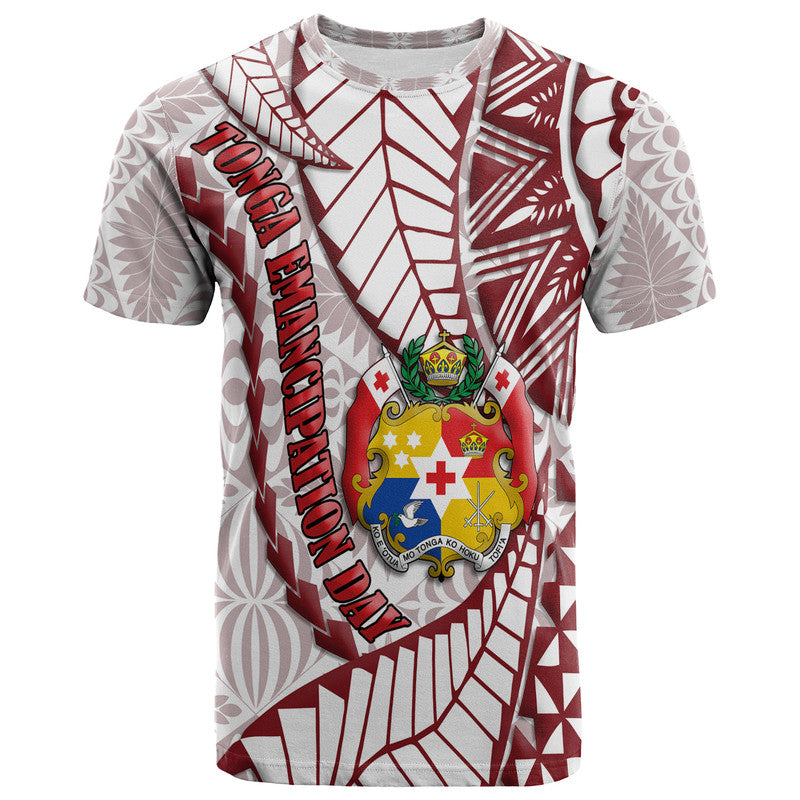Adult white tee with maroon geometric pattern, crest graphic, and 'Tonga' text