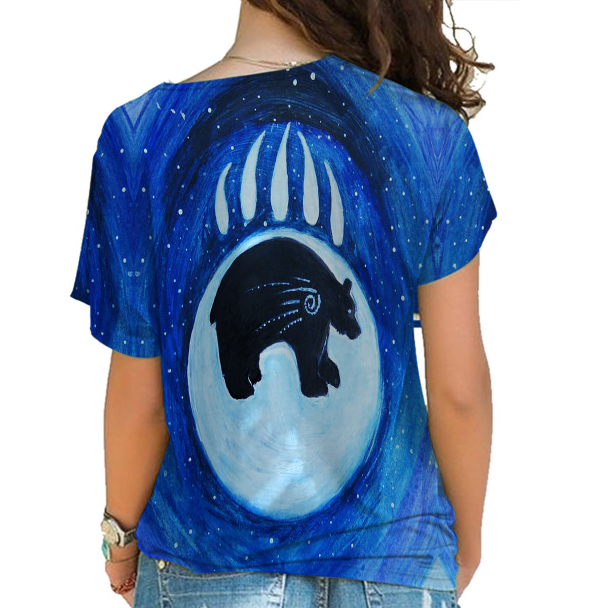 Back view blue cross-shoulder T-shirt with bear footprints oval graphic