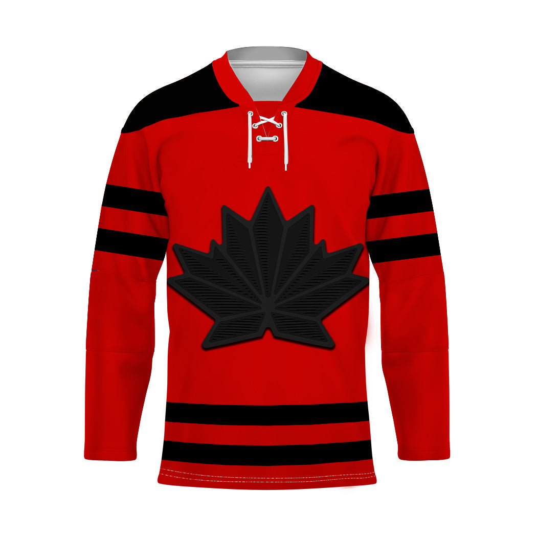 Red Canada hockey jersey with black stripes and 3D maple leaf logo, unisex
