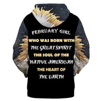 Kids pullover hoodie, black with February Girl text and feather wing print