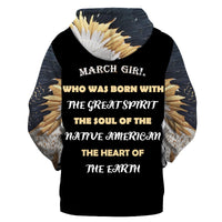 Kids pullover hoodie, dark base, large chest quote text over feather-pattern wings