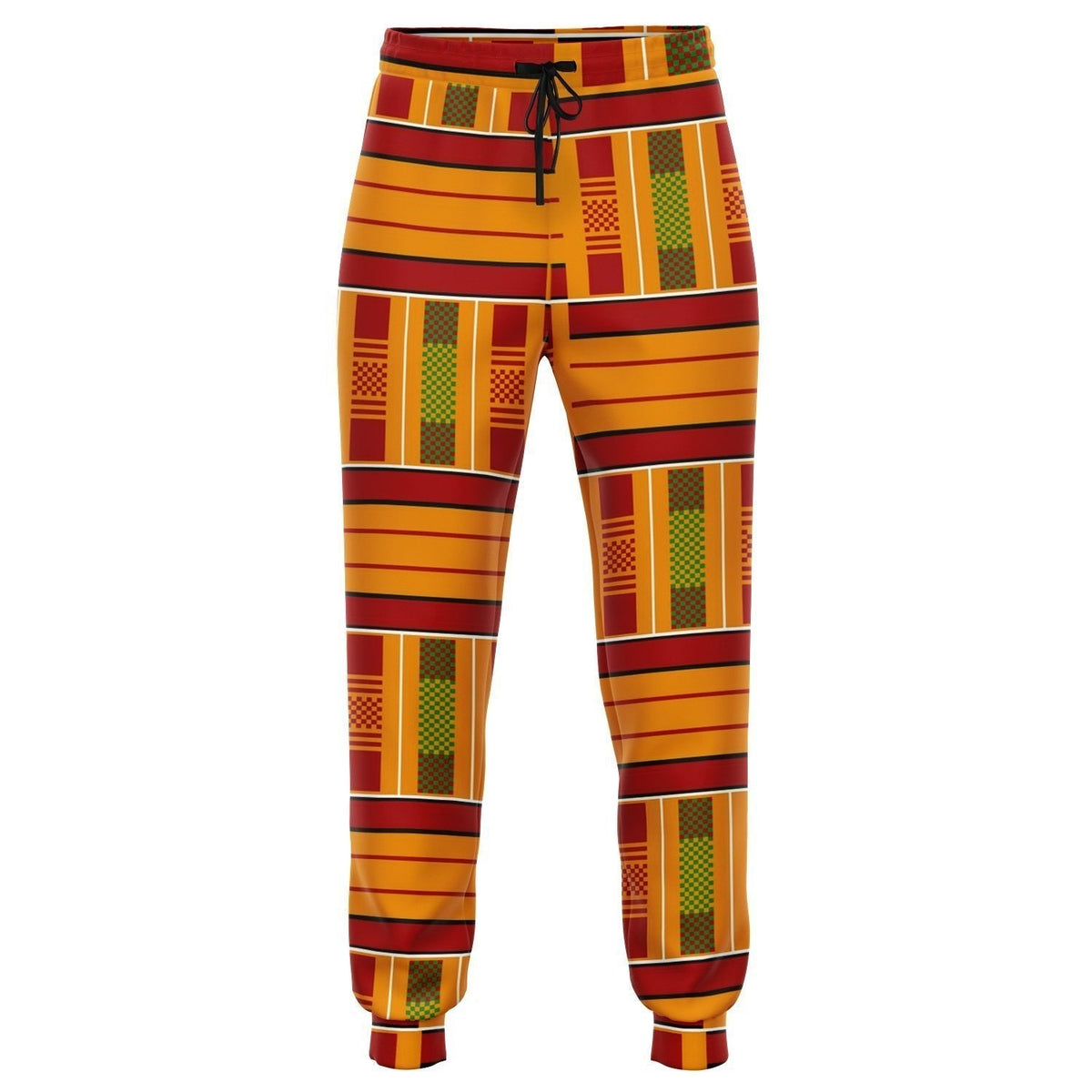 Ewe Kente-style jogger pants with striped multicolor fabric and drawstring waist