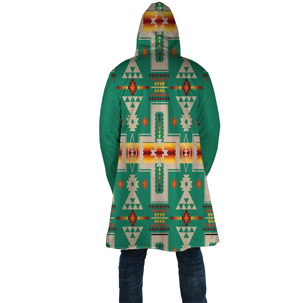 Unisex hooded cloak jacket back view, green multicolor geometric Native pattern