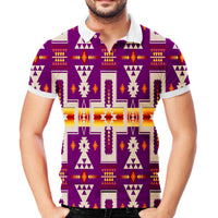 Purple 3D-pattern polo with white collar; repeating tribal symbols and borders