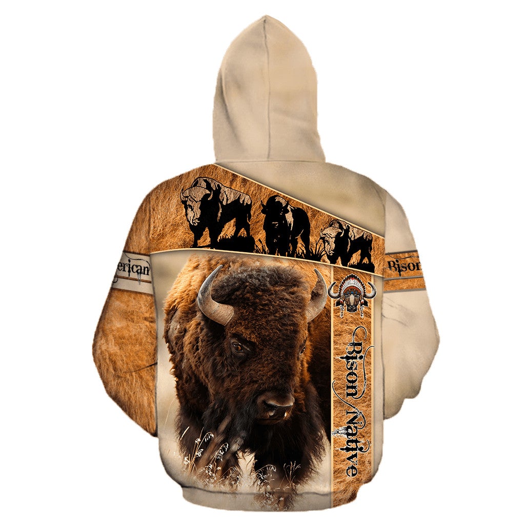 Unisex hoodie back view with beige hood and large bison print, tan and dark brown