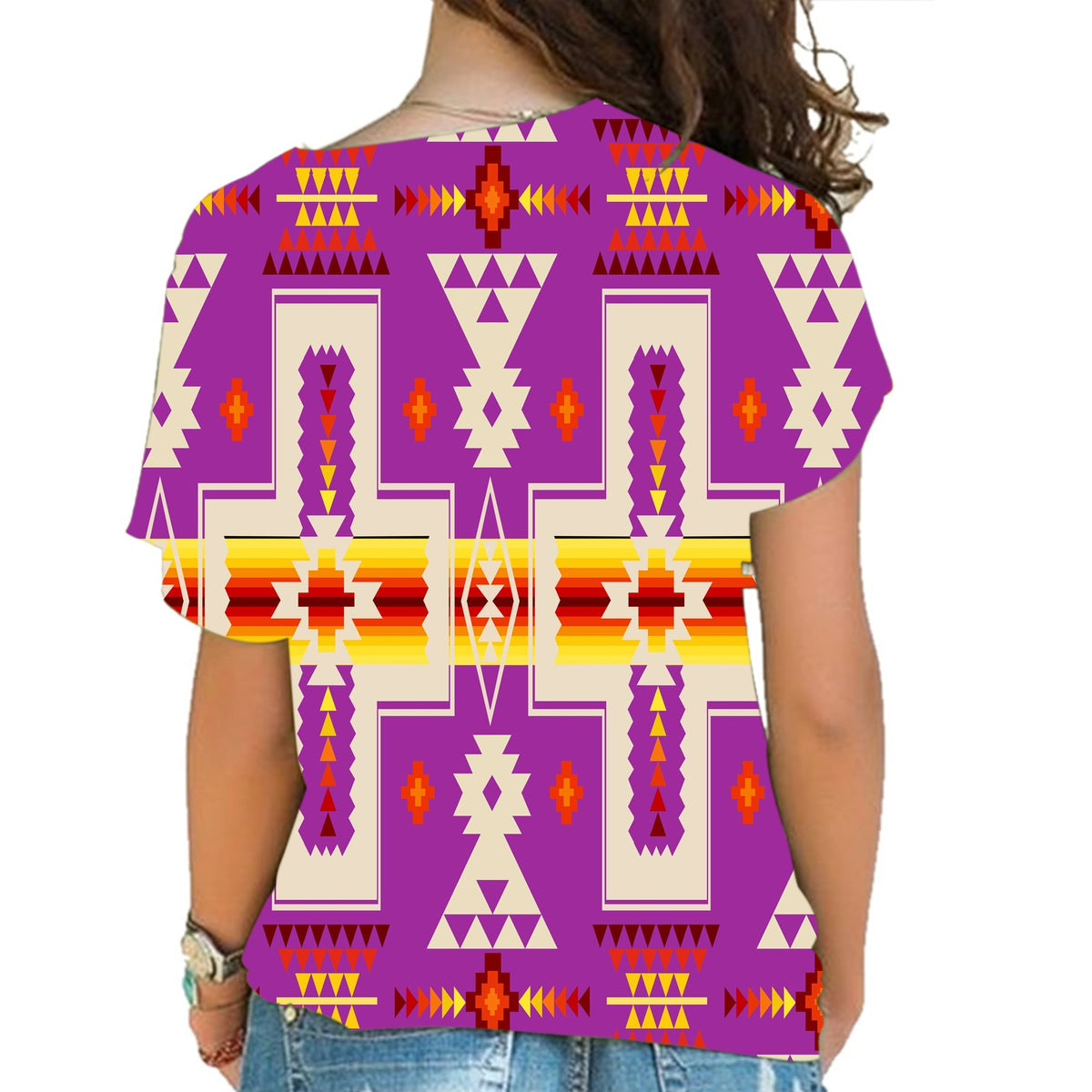 Light purple cross-shoulder shirt with multicolor tribal geometric back view