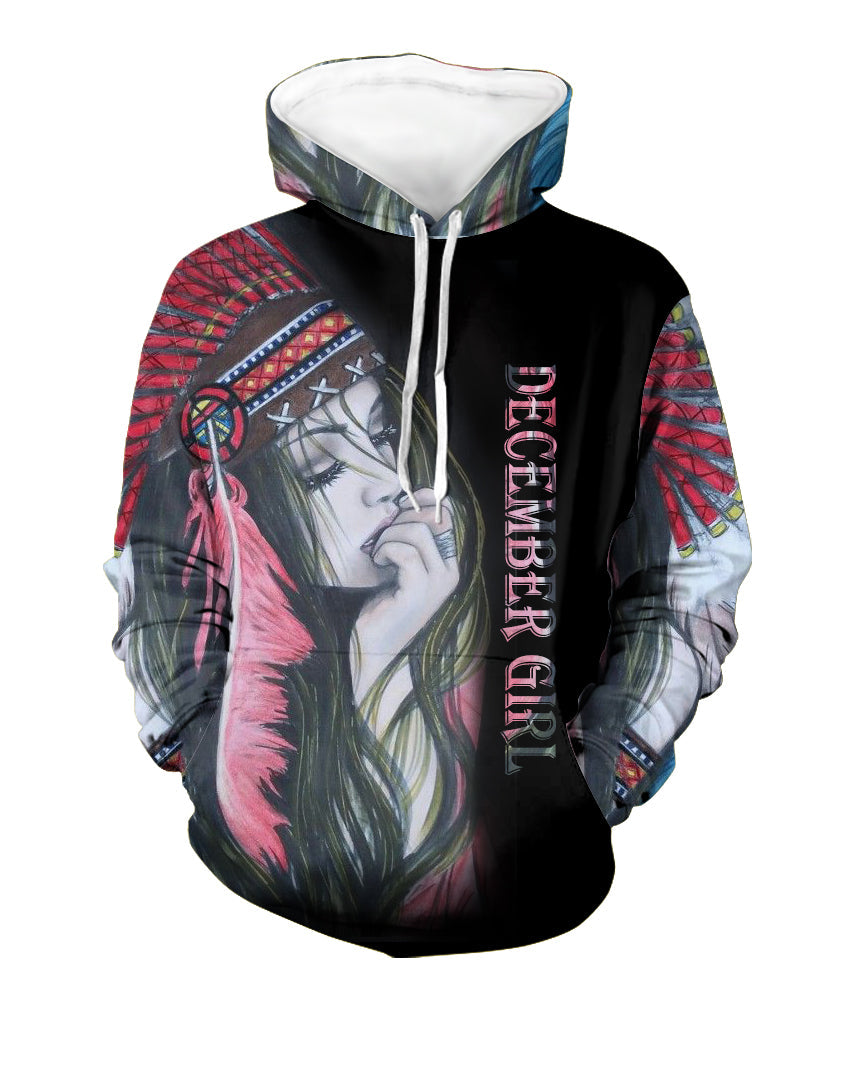 Black kids pullover hoodie, multicolor girl print, “DECEMBER GIRL”