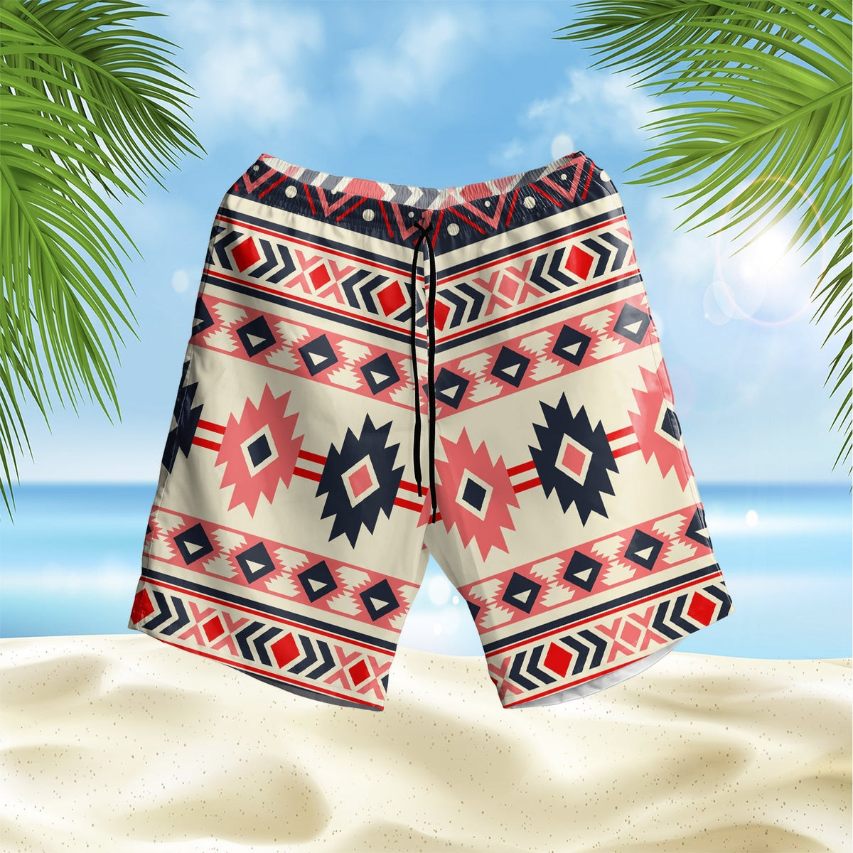 Pink, navy and cream geometric Hawaiian shorts with drawstring waist
