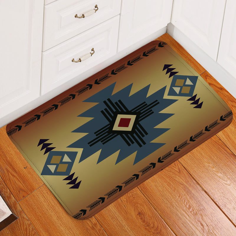 Southwest style doormat with blue geometric symbol, multicolor border and fringe pattern