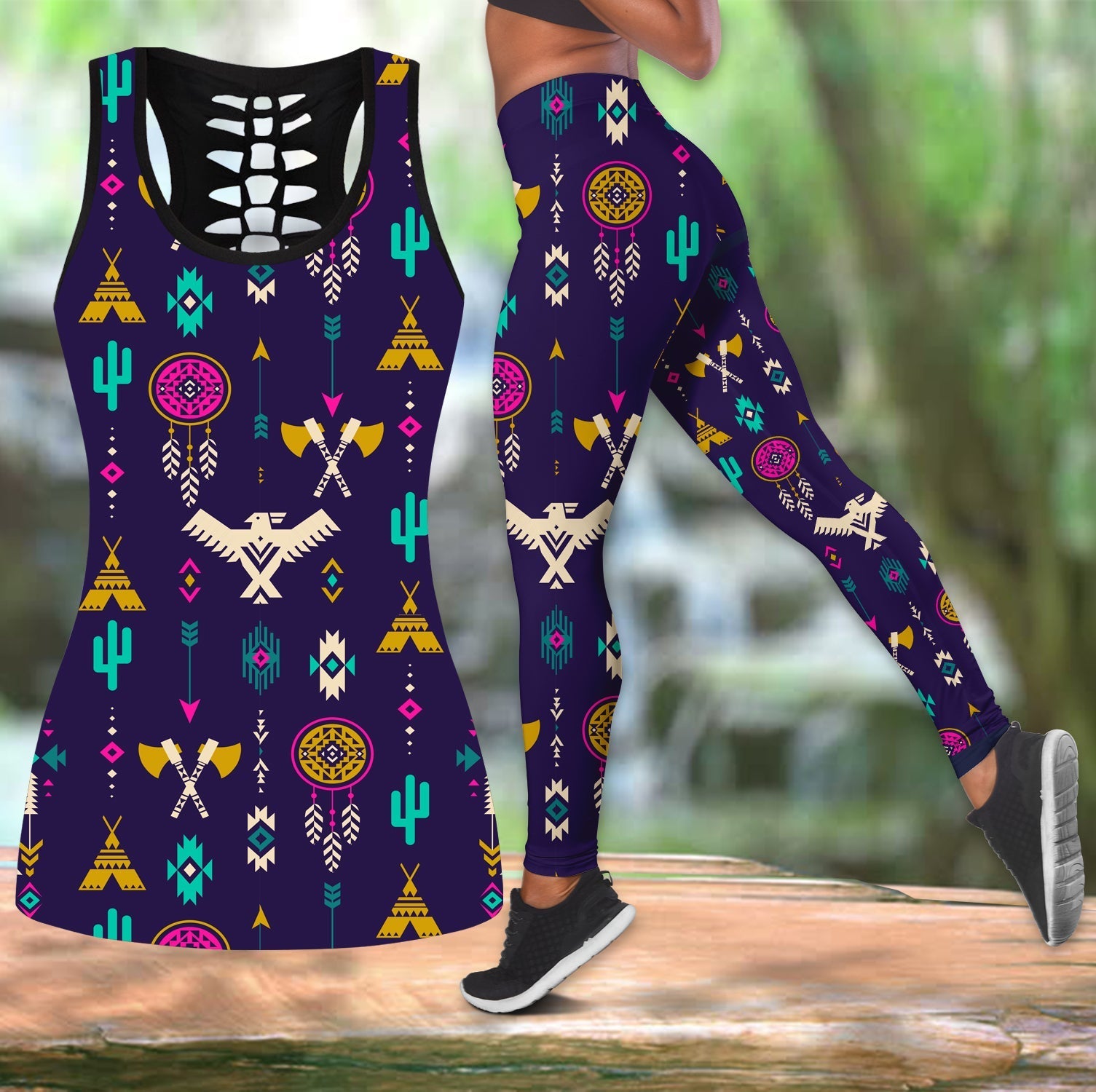 native-american-thunderbird-pattern-blue-hollow-tanktop-leggings-set