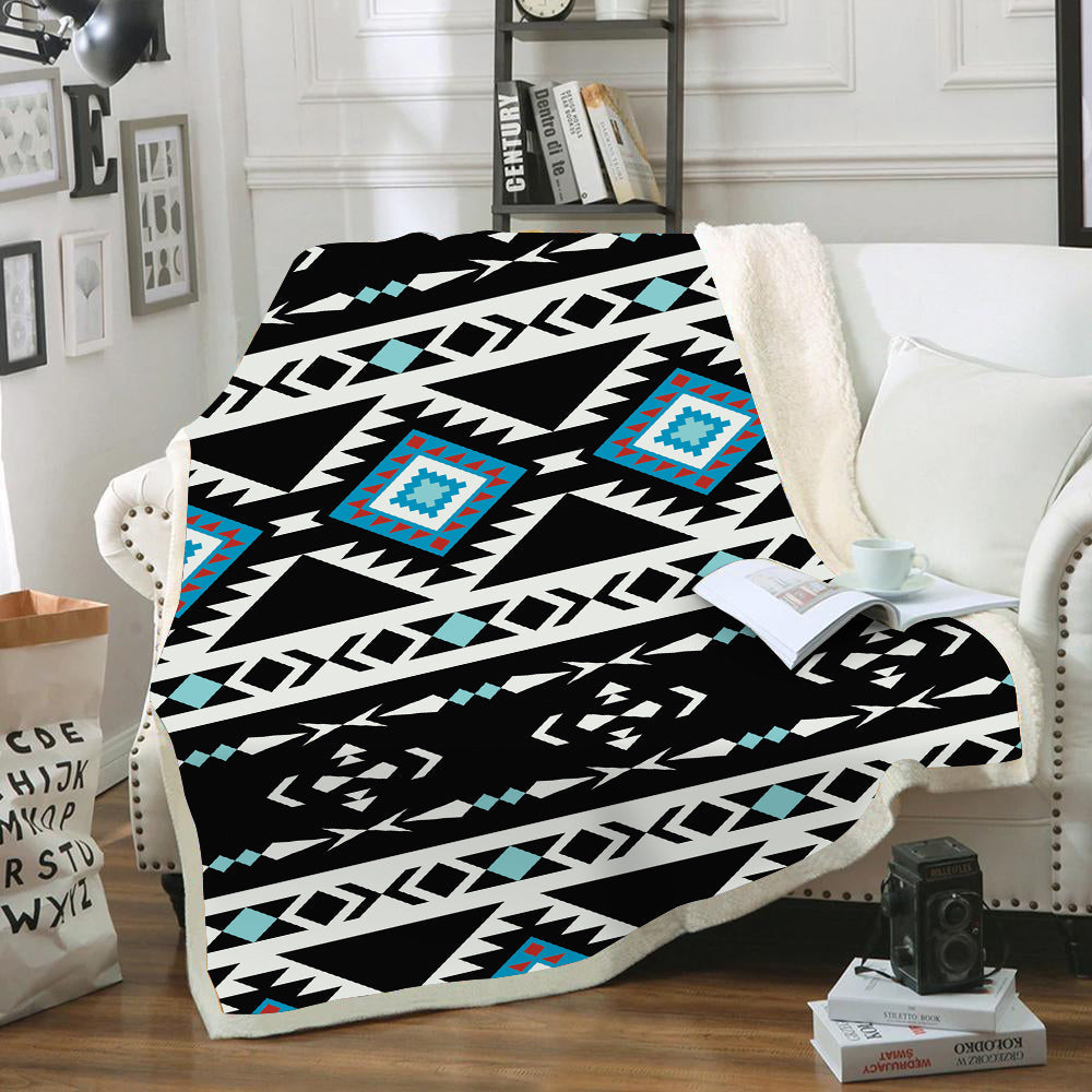 Ethnic seamless geometric blanket, black with teal and red multicolor pattern