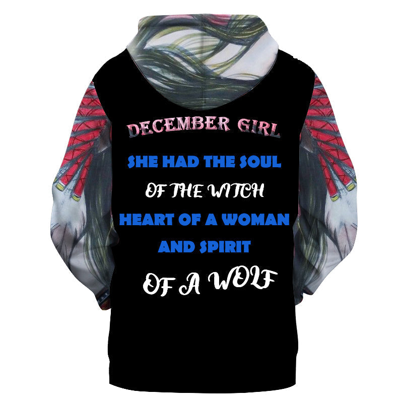 Black kids hoodie back, multicolor text “DECEMBER GIRL” and “SHE HAD THE SOUL”