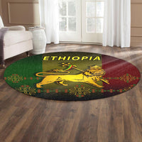 Round Ethiopia carpet with lion king graphic and 'ETHIOPIA', geometric border in green/red