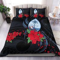 Black bedding set with red hibiscus and blue Guam surfboard graphic, two pillowcases